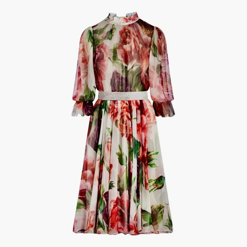 Dolce & Gabbana Peony Print Chiffon Dress With Crystal Belt - Picture 4 of 14